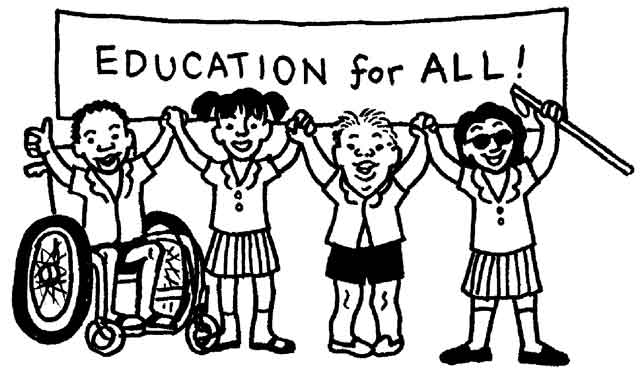 Four children with and without disabilities hold hands in front of a banner that says “Education for All!